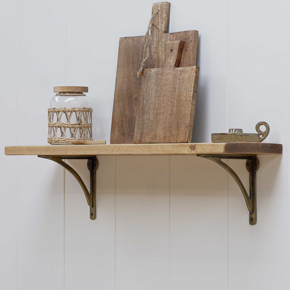 Aged Brass Bracket Wooden Shelf | Thin