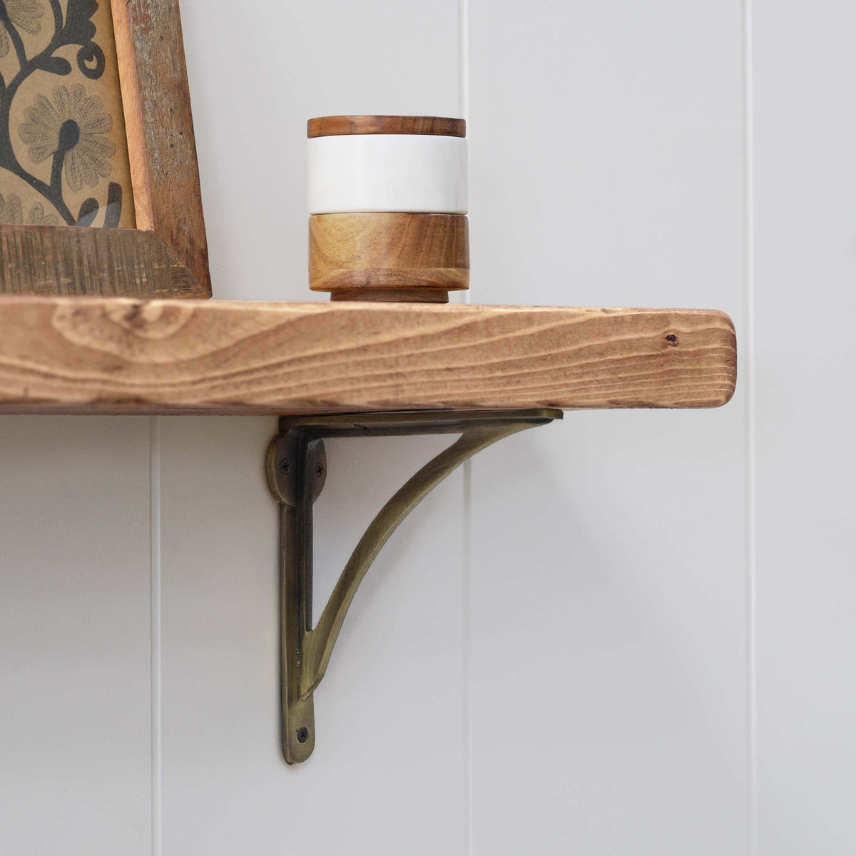 Aged Brass Bracket Wooden Shelf
