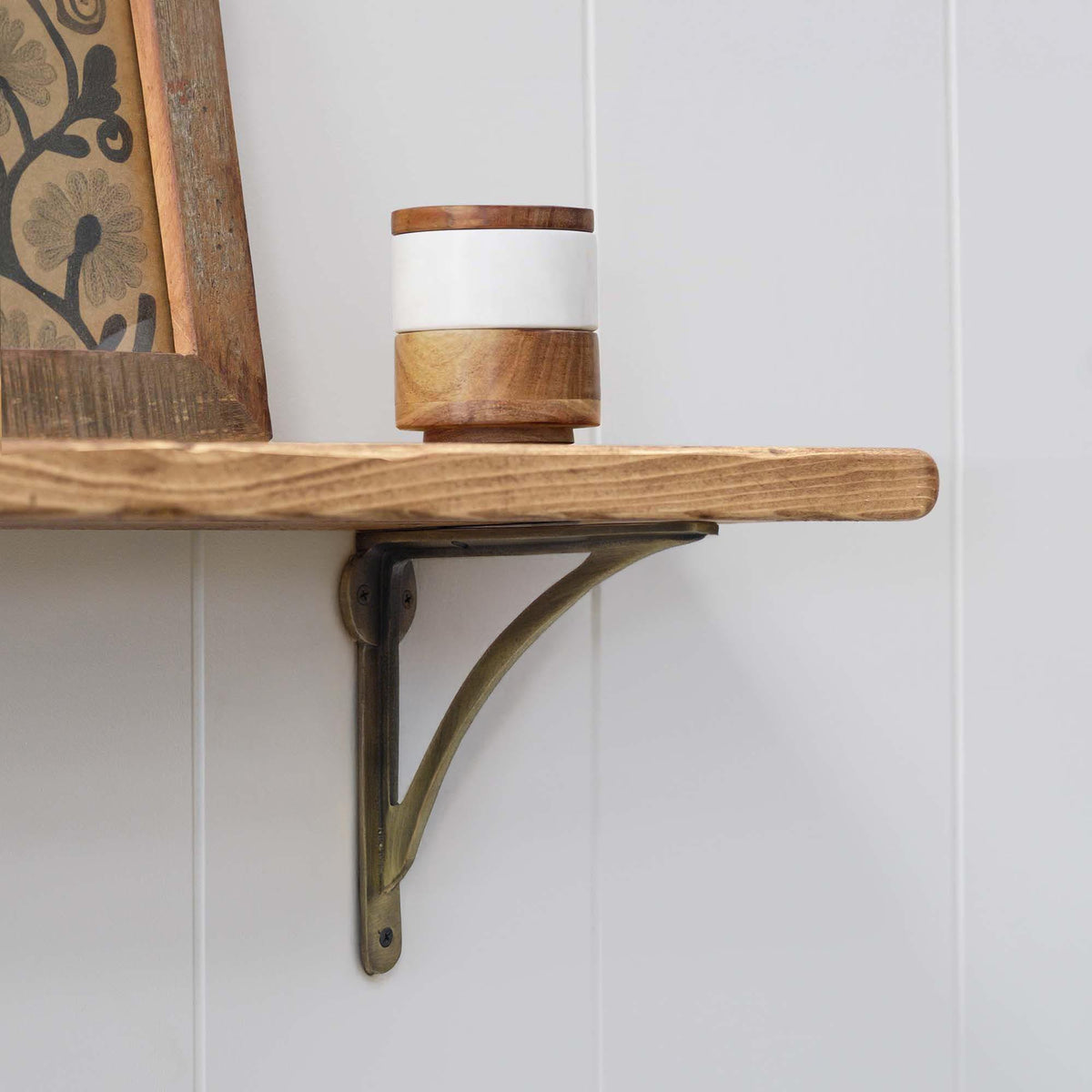 Aged Brass Bracket Wooden Shelf | Thin