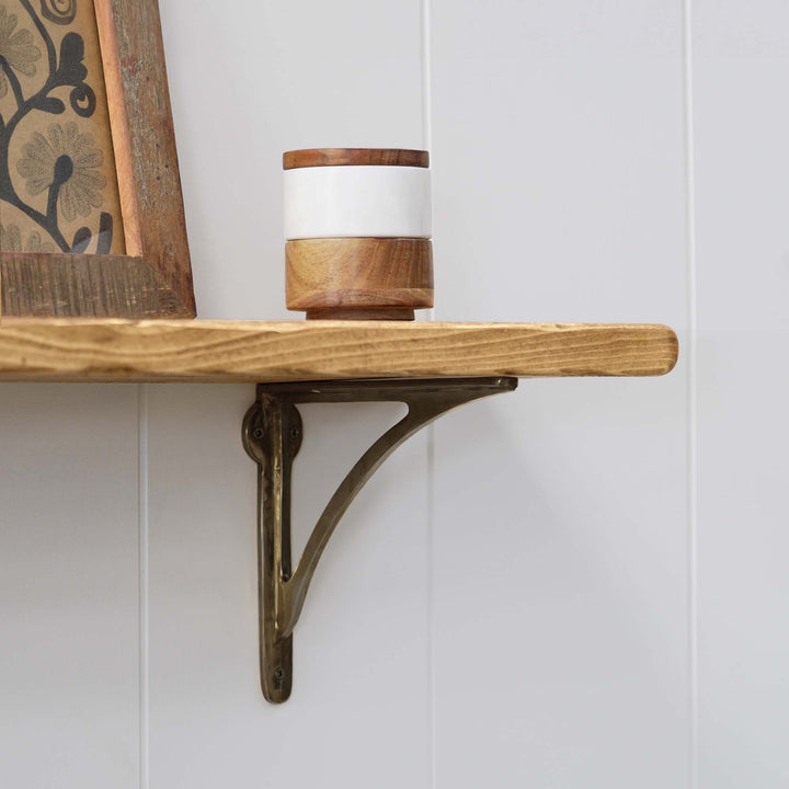 Aged Brass Bracket Wooden Shelf | Thin