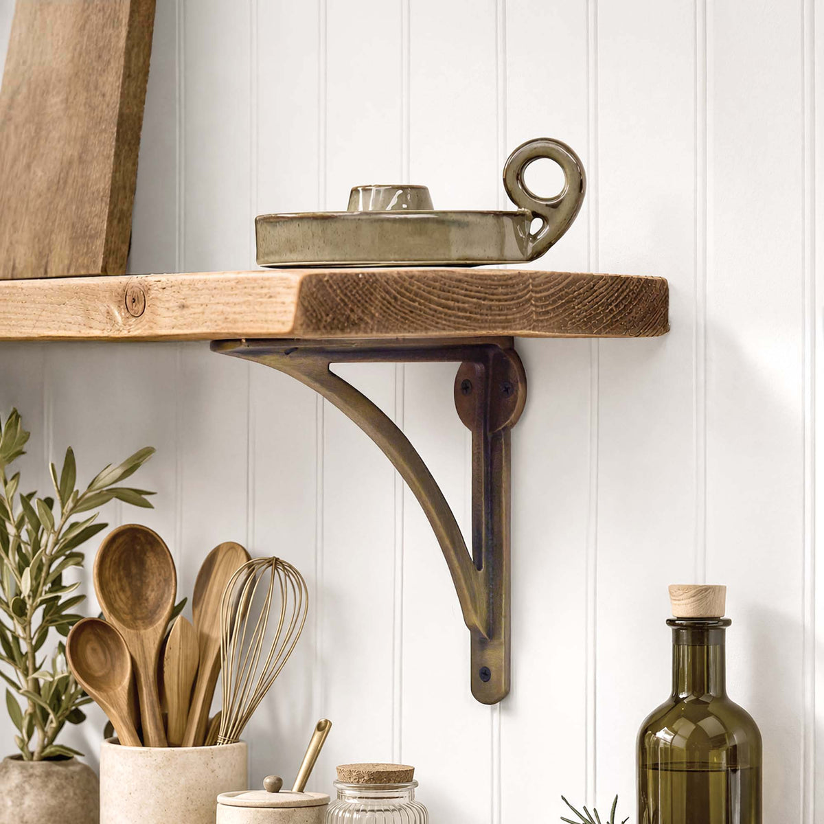 Aged Brass Bracket Wooden Shelf | Thin