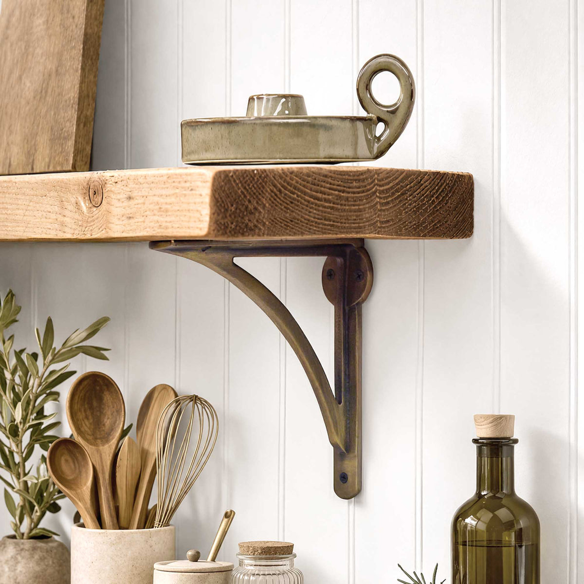 Aged Brass Bracket Wooden Shelf