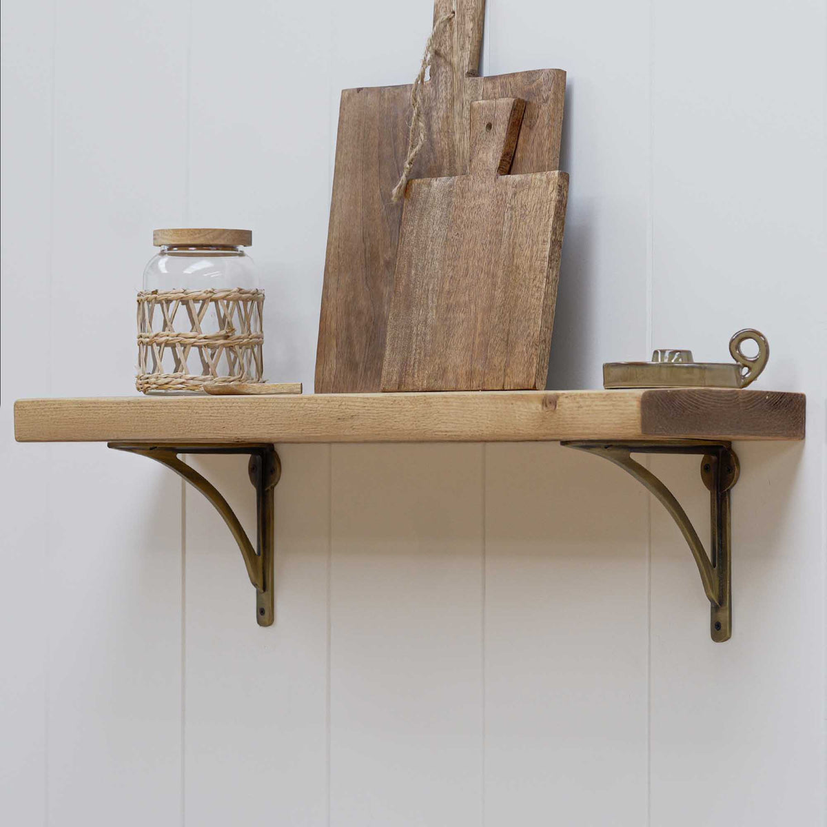 Aged Brass Bracket Wooden Shelf