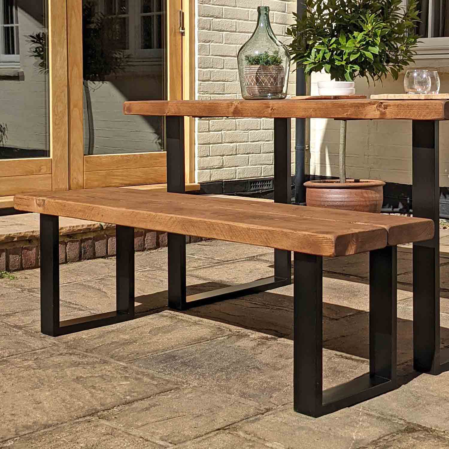 Wooden Outdoor Rustic Garden Bench | Square Metal Legs – Ben Simpson ...