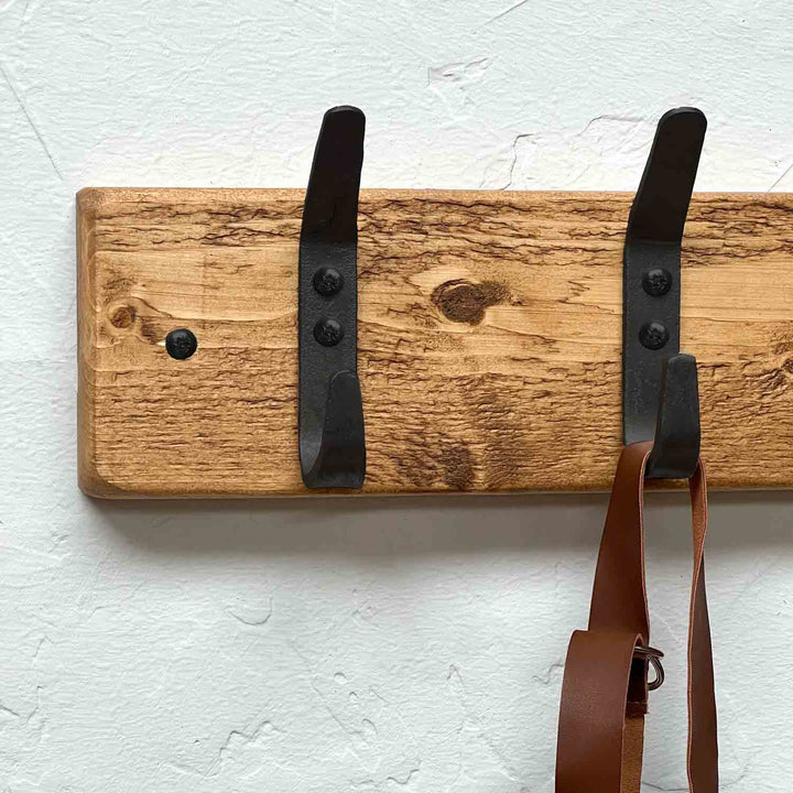 Wooden Coat Rack | Rustic Black Hooks